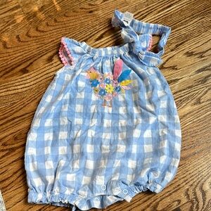 Mud pie 6-9m blue plink plaid floral chicken romper spring with headband